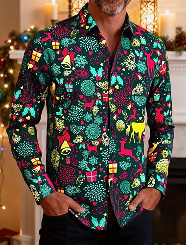  Święta Długie rękawy Koszula zapinana na guziki Renifer Rudolf Graficzny Zabawne Zabawny na Męskie Dla dorosłych Druk 3D  Do Święta Karnawał Nowy Rok Impreza