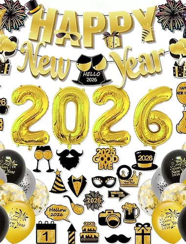  Czarno-złote dekoracje na imprezę sylwestrową, 52 sztuki, zestaw girland balonowych z napisem „Szczęśliwego Nowego Roku” na rok 2026 – baner, rekwizyty do fotobudki &artykuły imprezowe na odliczanie