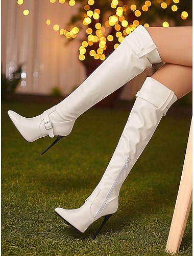  röda damstövlar med stilettklack över knäna - högklackade festskor med spänne i konstläder för nattlivet &julfirande