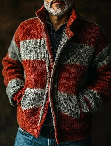 Homens Suéter Sueter Cardigan Estriado Tricotar Tops regulares Patchwork Bloco de cor Tecido Colarinho Clerical Férias Moda Casual Roupa Diária Roupa Primavera Outono Vermelho S M L   Homens Suéter Sueter Cardigan Estriado Tricotar Tops regulares Patchwork Bloco de cor Tecido Colarinho Clerical Férias Moda Casual Roupa Diária Roupa Primavera Outono Vermelho S M L