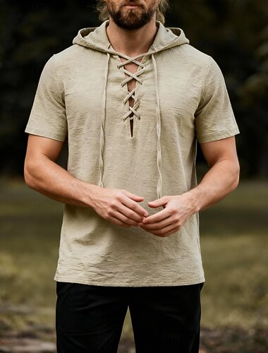  middeleeuws viking t-shirt katoen korte mouw hooded shirts heren retro stijl veters hippie bijpassende larp kostuum