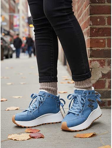  Baskets compensées en denim bleu pour femmes – chaussures montantes chaudes doublées en polaire, chaussures décontractées et tendance pour un style casual