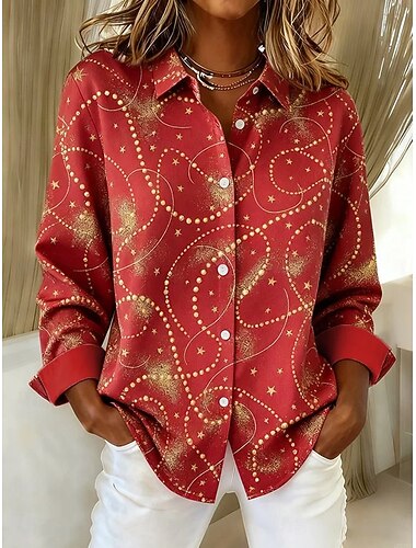  Natal Mulheres Camisa Social Blusa Gráfico Papai Noel Vintage Tropical à moda Manga Longa Colarinho de Camisa Tops regulares Diário Patchwork Botões Imprimir Vermelho Verão Primavera Outono Inverno