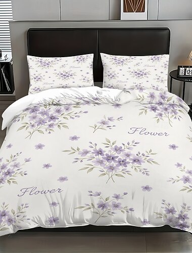  Set copripiumino in piuma d'oca con motivo floreale viola, 3 pezzi, per letto matrimoniale, morbido copripiumino con 2 federe – hotel &biancheria da letto per gli ospiti, accogliente & comodo