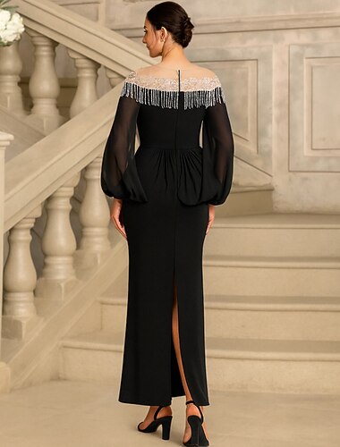  Tubino / Colonna Lunghezza al pavimento Abito Formale Abito da sera Abito aderente Manica Lunga Senza Spalle Elegante Vintage Festa Poliestere Abito da cerimonia per signora con Perline