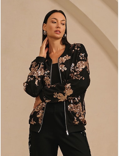  سترة قاذفة قنابل نسائية برقبة دائرية مزينة بالترتر مناسبة للحفلات غير الرسمية والعطلات المسائية والخريف والشتاء