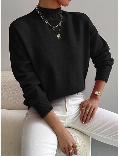  Dame Genser Elegant Mote Gatemote Helfarge Riflet Mock Neck Strikket Langermet Vanlige topper Strikke Skole Formell utendørs Svart Hvit Vår Høst