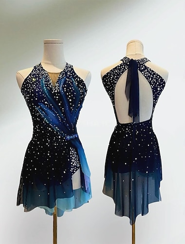  Šaty na bruslení Dámské Dívčí Buz Pateni Šaty černá / modrá Slátanina Otevřít Zpět Spandex Síťka Vysoká pružnost Trénink Soutěž Bruslařské oblečení Klasický Křišťál a napodobenina Bez rukávů Bruslen