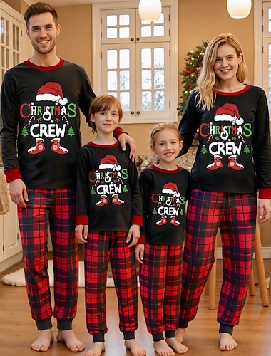  Familie udseende Jul Julefamiliepyjamas Pyjamas Familiesæt Grafisk Ternet Juletræ Hjem Trykt mønster Rød Langærmet Daglig Matchende outfits