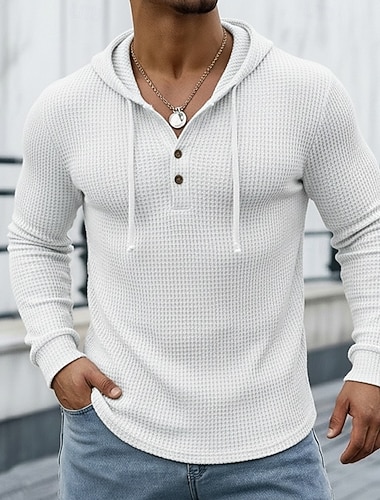  Herren Waffel T-Shirt T Shirt Waffel-Henley-Hemd Langarm V Ausschnitt Mit Kapuze Frühling Herbst Winter Einfarbig Traditionell / Vintage Lässig Rein Outdoor Heim Sport & Outdoor Weiß Grün Kaki Top