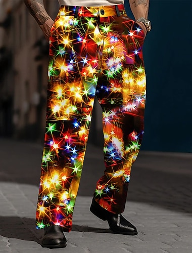  Weihnachten Herren Funkelnder Glitzer Weihnachtslicht Hose Anzughose Mittlere Taille Modisch lässig Outdoor Ferien Relaxed Fit Anzughose mit flacher Vorderseite und Seitentaschen Herbst Winter