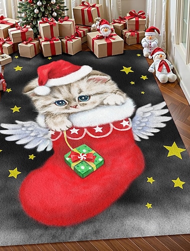  Weihnachtskatze im Strumpf Bereichsteppich für Wohnzimmer und Schlafzimmer Faux Cashmere Feiertags Teppich weicher rutschfester maschinenwaschbarer Teppich 5x7 ft EngelSanta von Kayomi Harai