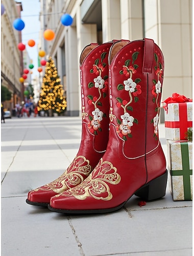  Røde cowboystøvler med broderi i imitert skinn til dame, blomsterdesign, blokkhæl, retro western-stil, perfekt for festivaler, uformelle utflukter og jul