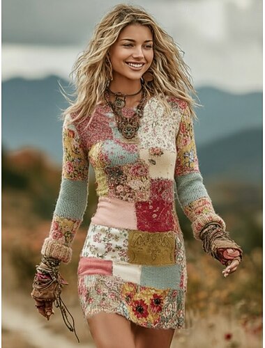  Γυναικεία Μίνι φόρεμα Φόρεμα πουλόβερ Διακοπές Καθημερινό Μπόχο Καθημερινά Αργίες Εξόδου Λεπτό Φλοράλ Γραφική Φυλής Μακρυμάνικο Στρογγυλή Ψηλή Λαιμόκοψη Με σούρα στο λαιμό Ανθισμένο Ροζ