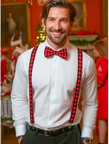  Set bărbătesc cu bretele reglabile și papion în carouri de Crăciun, stil casual și formal, perfect pentru petreceri și cadouri