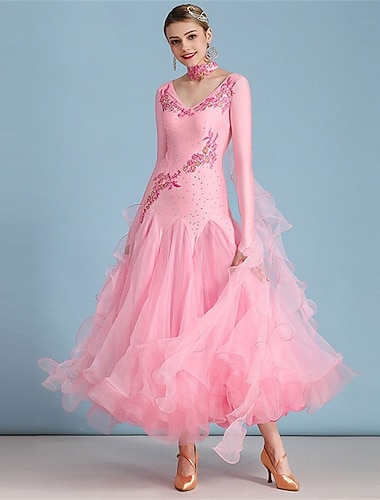  kvinners ballroom dansekjole rosa blomsterprint rhinsten organza lagdelt elegant vals foxtrot konkurranseopptredenskjole