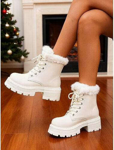  Witte platform sneeuwlaarzen met imitatiebontvoering voor dames – dikke hakken, warm en stijlvol voor de winter, ideaal voor Kerstmis en buitenplezier