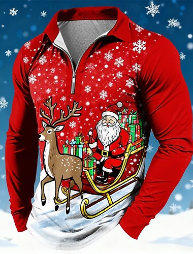  Natal Homens Papai Noel Pólo Manga Longa Camisas polo Lapela Casual Feriado Roupa Diária Traje de festival Impressão 3D Polo com fecho de correr de um quarto Primavera Outono Inverno Vermelho 1