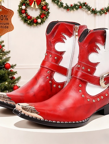  Pánské červené kožené boty s bílými detaily – klasický sváteční styl na vánoční večírky a zimní akce