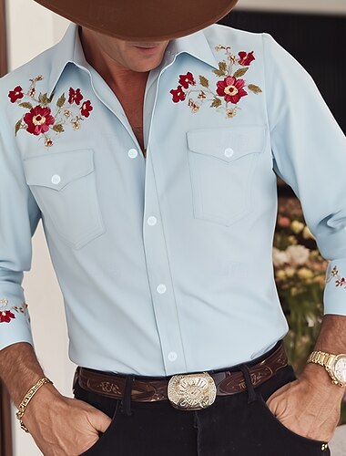  Herren Blumendruck Ethnisch Blumen Hemd Westernhemd Cowboy-Shirt Langarm Vintage-Retro Lässig Outdoor Arbeitskleidung Frühling Herbst Umlegekragen Zwei Fronttaschen Leinenähnliches Hemd Hemden mit