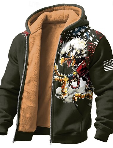  Men's American US Flag Eagle Fleece Hoodie Sweatshirt Fashion Daily Simple Casual Long Sleeve Crew Neck Outdoor Climbing Black Dark Green Dark Blue Zip Up Fall Winter Designer S M L XL 2XL 3XL