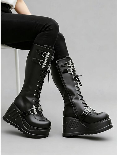  Damskie czarne, gotyckie, sznurowane buty na platformie – punkowe, z klamrą i czaszką, na wysokie, klinowe buty na halloweenowy cosplay, koncerty i alternatywny streetwear
