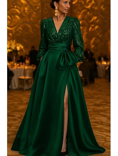  A-linja Kokopitkä Iltapuku Ball Gown Muodollinen mekko Tyylikäs Kimalteleva Korkea jaettu Pitkähihainen V kaula-aukko Muodollinen Häät Tasku Satiini Paljetein koristeltu kanssa Kimalle Laskokset Tasku