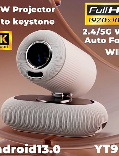  Projetor de última geração 2025 YT900 com foco automático, resolução de 1920*1080, base de microfone opcional, faixa de luz, Wi-Fi de banda dupla 2.4/5 GHz, Wi-Fi6, Android 13.0, lente de vidro de 3
