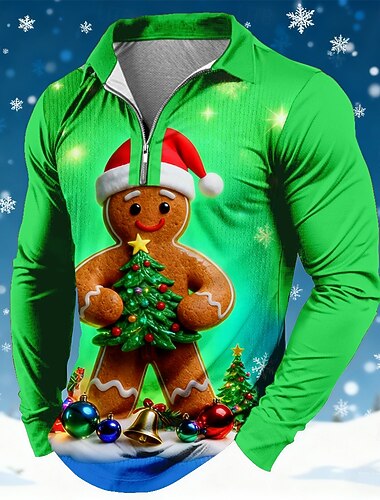  Jul Herre Pepperkakemenn Polo Langermet Poloskjorter Knaphul Fritid Ferie Dagligdagstøy Festivalantrekk 3D-utskrift Kvart zip-polo Vår Høst Vinter Rød Grønn
