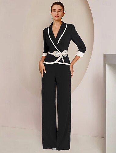  Mujer Trajes de 2 piezas Formal Invitado a la boda Fiesta de Boda Gasa Elegante Manga 3/4 plisada Hasta el Suelo Solapa Redonda