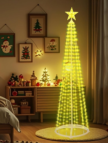  أضواء شجرة عيد الميلاد الخارجية، شجرة مخروطية مُضيئة بالألوان المتعددة مع نجمة علوية، شجرة عرض ضوء LED للزينة الداخلية والخارجية