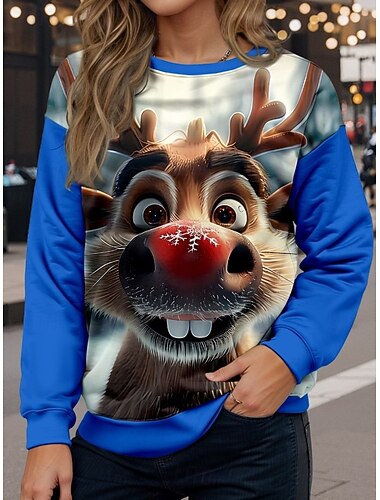  Julekvinnes Rensdyr Pullover Grafisk Dyr Varm Klassisk Casual Langermet Crew Neck Vanlige Topper Hjem Gate Daglig bruk Trykk Rød Blå Grønn Mørk Blå Høst Vinter