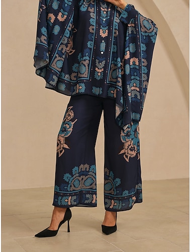  damebukser med vide ben, chiffong, etnisk, blomstermønster, hawaiisk trykk, elastisk midje, avslappet, ferie, vår, sommer, høst