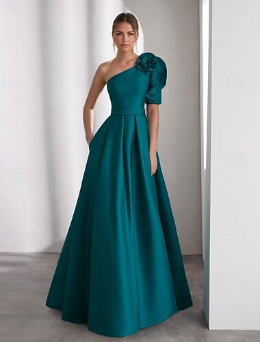  A-linje Gulvlengde Kveldskjoler Ballkjole Formell kjole Elegant Fargeblokk Kortermet Enskuldret Formell Bryllup Champagne Mother Of the Bride-kjole Sateng med Shouder blomst 2025