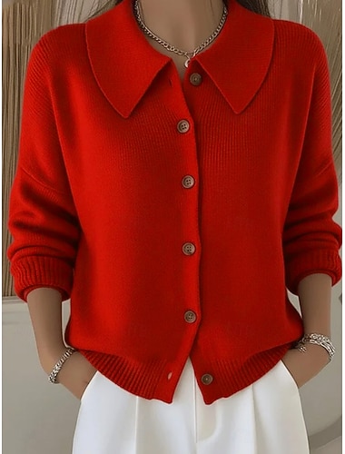  女性用 ニット カジュアル 純色 シャツカラー ボタン 長袖 レギュラートップス ニット 家 日常 祝日 ブラック ホワイト 秋 冬