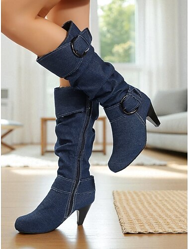  stivali alti fino al ginocchio in denim da donna con cinturini con fibbia e tacchi a cono, stivali alla moda in stile western casual retrò da indossare tutti i giorni &abiti da strada