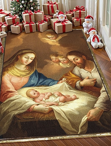  Krippe Teppich für Wohnzimmer und Schlafzimmer Faux Kaschmir Jesus Geburts Teppich mit Maria Josef und Baby Jesus religiöse Weihnachtskunst weich rutschfest maschinenwaschbar Teppich,