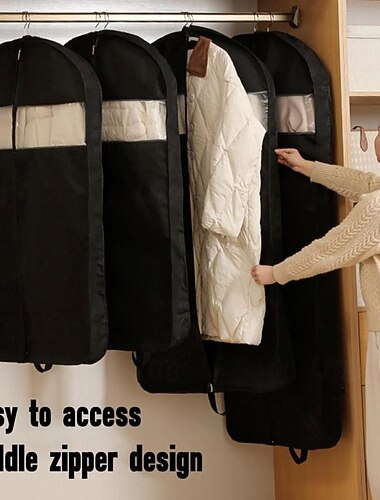  5 kpl roikkuvia vaatepusseja kirkkaalla ikkunalla, paksuja kuitukankaisia pukupeitteitä, pölytiiviitä vaatteiden säilytyspusseja vaatekaapille, takeille, jakuille ja untuvatakeille