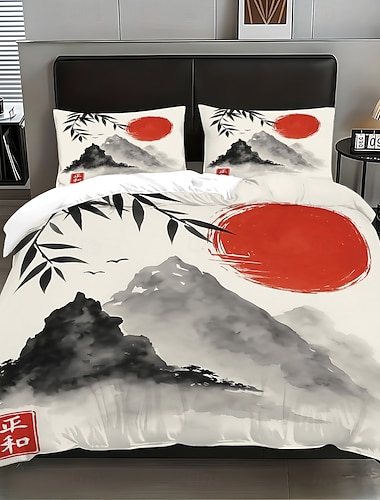  3-teiliges Daunenbettbezug-Set mit chinesischer Tuschemalerei für Queensize-Betten, weicher Bettbezug mit 2 Kissenbezügen – Hotel &Gästezimmerbettwäsche, gemütlich & komfortabel