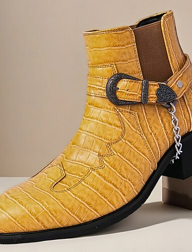  Мужские желтые ботинки с крокодиловым узором, ремешком на пряжке и блочным каблуком, стильные мотоциклетные ботинки в стиле вестерн для вечеринок и сценических образов