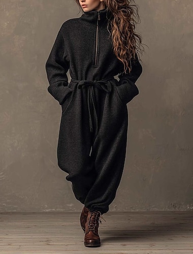 Damen Overall Aktiv Einfarbig Langarm Weites Bein Stehkragen Reißverschluss Tasche Urlaub Täglich Normale Passform Schwarz Frühling   Damen Overall Aktiv Einfarbig Langarm Weites Bein Stehkragen Reißverschluss Tasche Urlaub Täglich Normale Passform Schwarz Frühling