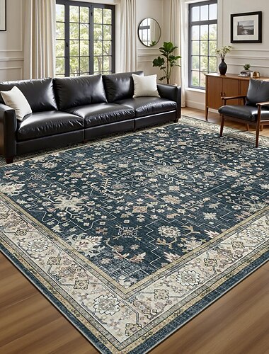 Tapis de salon, grand tapis lavable et résistant aux taches pour chambre à coucher, salle à manger, bureau, tapis Oushak doux et antidérapant à motif floral vintage, décoration de ferme bohème, noir   Tapis de salon, grand tapis lavable et résistant aux taches pour chambre à coucher, salle à manger, bureau, tapis Oushak doux et antidérapant à motif floral vintage, décoration de ferme bohème, noir