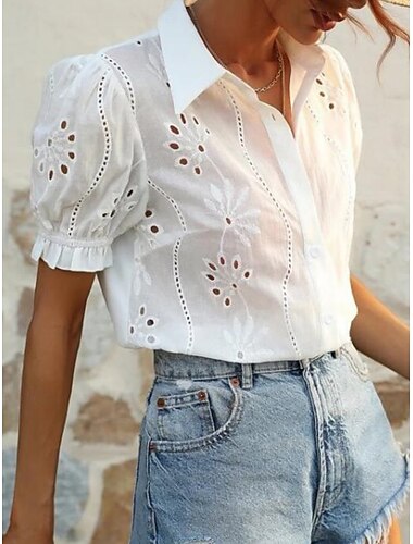  Dame Skjorte Bluse Helfarge Stilfull Fritid Kortermet Skjortekrage Vanlige topper Daglig Snørehull Knapper Hvit Sommer Vår