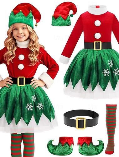  Conjunto Elfo Fantasia de Natal Ternos de Papai Noel Fantasias de Cosplay com acessórios Para Meninas Natal Fantasia de Natal Adulto Natal Ano Novo Festa Vestido Cinto Meias Sapatos Chapéu