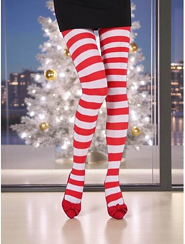  Kerst gestreepte panty's voor dames, feestelijke rode en groene stretch leggings voor feestkostuums &feestoutfits