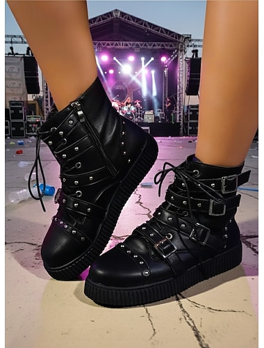  damskie czarne buty motocyklowe typu punk ze sztucznej skóry z klamrami &ćwieki, gotyckie, sznurowane botki na platformie, na koncerty i imprezy &moda uliczna