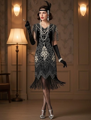  Set Goldene Zwanziger 1920er Knielang Flapper Kleid Cocktailkleid Ausgefallene Kostüme mit Zubehör Kurze Ärmel Der große Gatsby Flapper-Mädchen Pailletten Quastenfransen V Ausschnitt Kostüm Damen