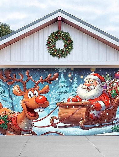 Housse de porte de garage de Noël avec Père Noël et renne, bannière de garage de vacances amusante décoration de Noël extérieure pour la décoration de la cour avant de l'allée de la maison   Housse de porte de garage de Noël avec Père Noël et renne, bannière de garage de vacances amusante décoration de Noël extérieure pour la décoration de la cour avant de l'allée de la maison