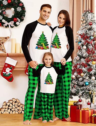  Mirada familiar Navidad Pijamas navideños familiares Pijamas Conjuntos familiares Plaid Dinosaurio Árbol de Navidad Hogar Estampado De color verde oscuro Verde Claro Verde Ejército Manga Larga Diario