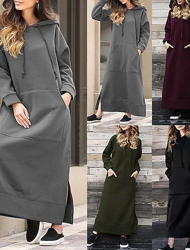  Γυναικεία Μίντι φόρεμα Φόρεμα με κουκούλα Μοντέρνα Γραφείο Καθημερινά Εξόδου Κανονικό Σκέτο Μακρυμάνικο Με Κουκούλα Μαύρο Κρασί Βυσσινί Πορτοκαλί Άνοιξη Φθινόπωρο Χειμώνας